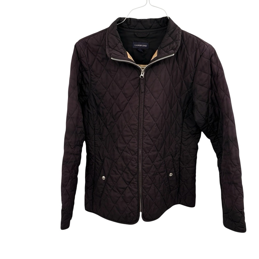 Lands End Quilted Jacket Size S 6-8 Women Black Coat Mock Neck‎ Full Zip Pockets